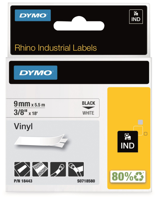 DYMO Rhino-Band IND Vinyl 18443 9mm x 5,5m schwarz auf weiß