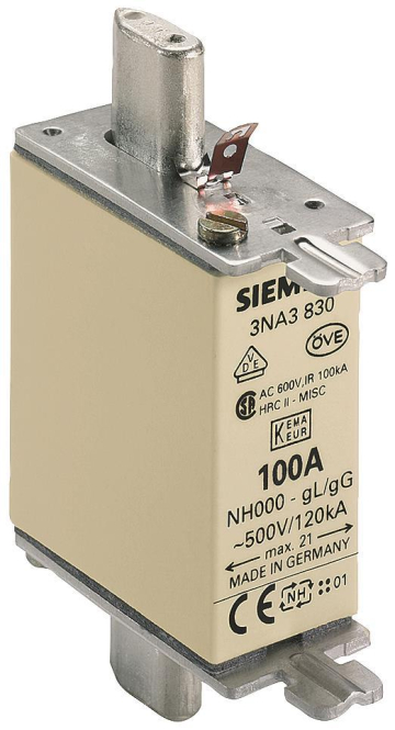 Siemens 3NA3830 NH000 100A 500VAC/250DC gL/gG Sicherung spannungsführend (Inhalt 3 Stück) Zählerschr./Verteilg