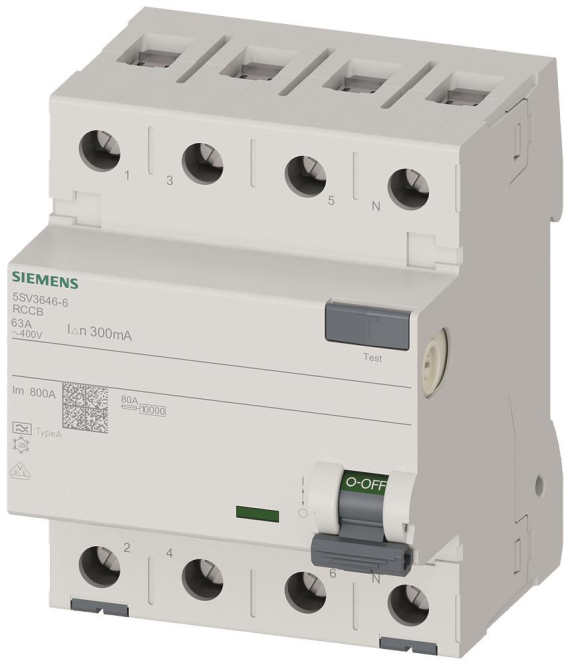 Siemens FI-Schalter 4x63A 5SV36466 Typ A 63A 3+N-pol 300mA 400V 4TE Zählerschr./Verteilg