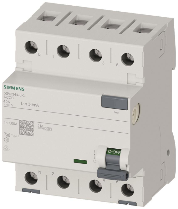 Siemens FI-Schalter 4x40A 5SV33446KL Typ A 40A 3+N-pol 30mA 400V 4TE N-links Zählerschr./Verteilg
