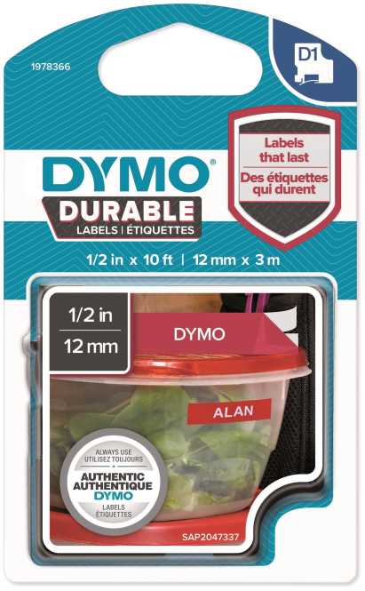 DYMO D1-Schriftband Vinyl 1978366 12mm x 3m weiß auf rot