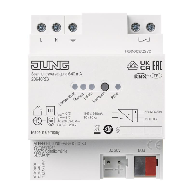 4011377159044 - Spannungsversorgung knx 4TE 640mA pufferbSpg Bussystem knx 20640REG - Jung 4011377159044 - Spannungsversorgung knx 4TE 640mA pufferbSpg Bussystem knx 20640REG - Jung