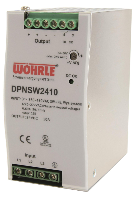 Wöhrle Netzgerät 3phas. DPNSW2410 E:340-550VAC A:24VDC 10A DC-OK LED Rel.